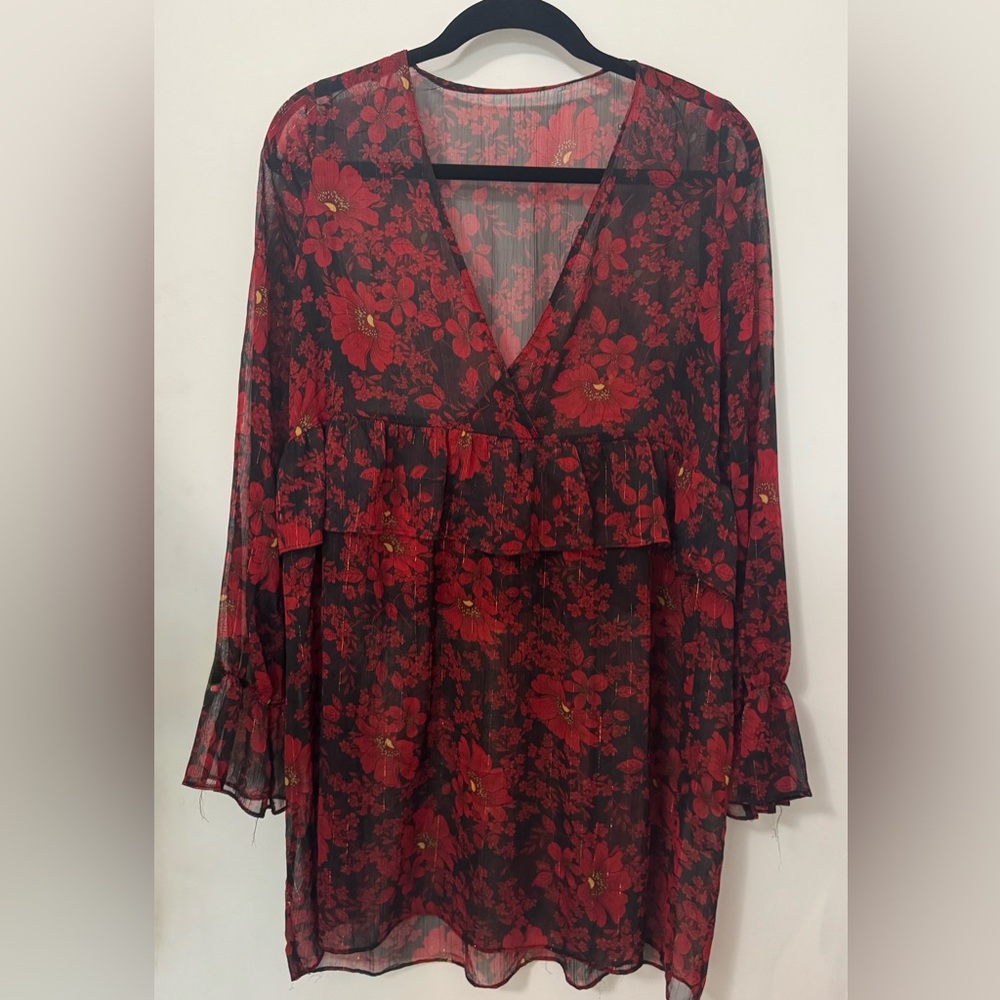 Floral Sheer Red and Black Dress